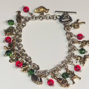 Charm Bracelet 12 Days Christmas Gold-tone Silver Dance Red Green Glass Beads